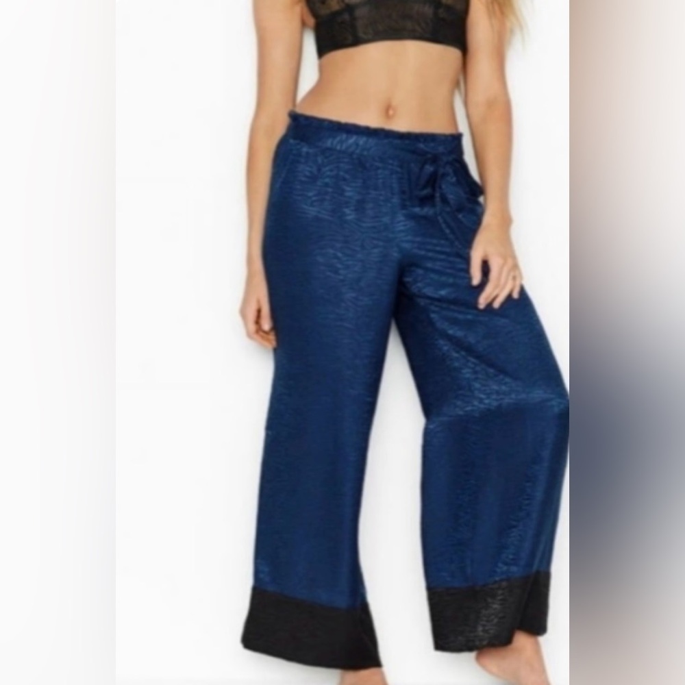 Victoria's Secret blue dip die black hem silky wide leg lounge pants zebra print